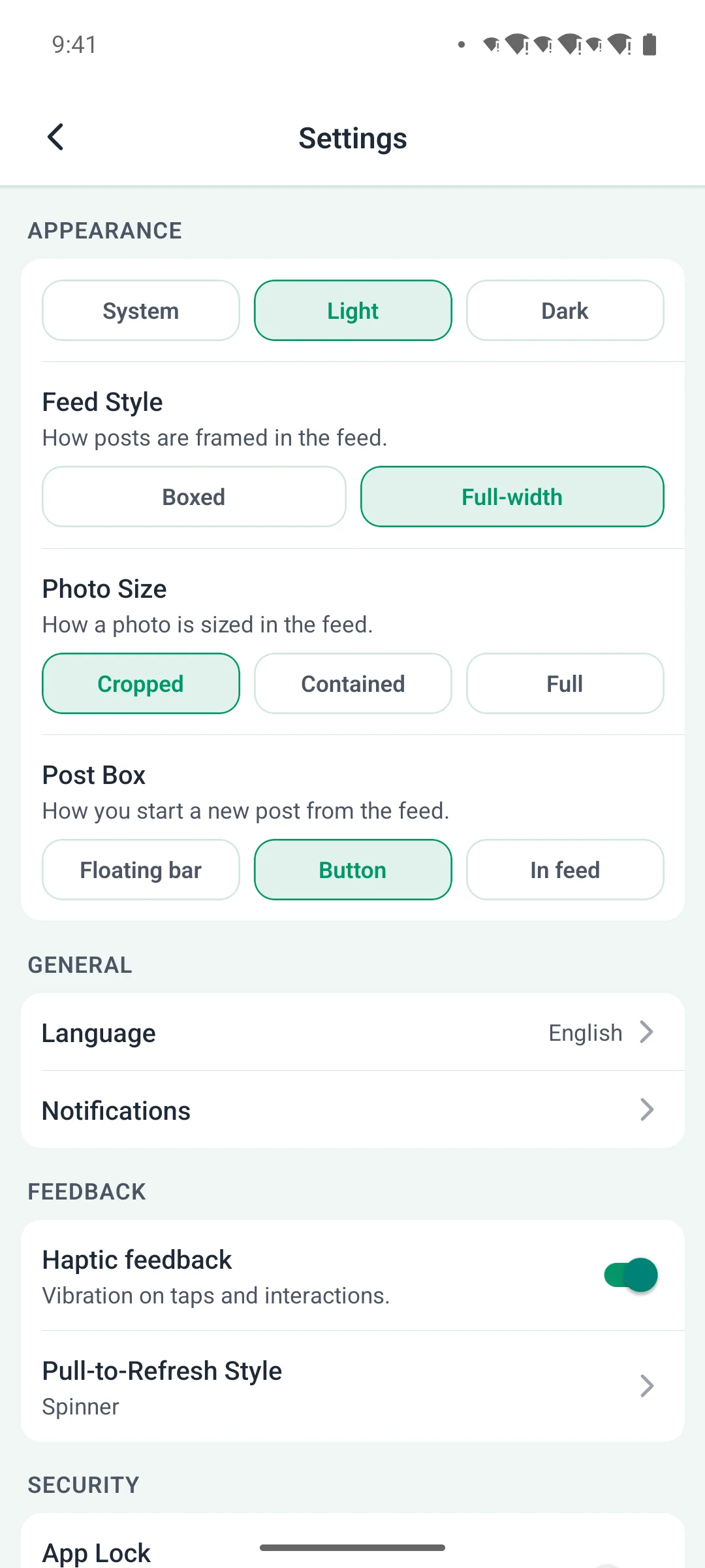 The settings screen on a phone