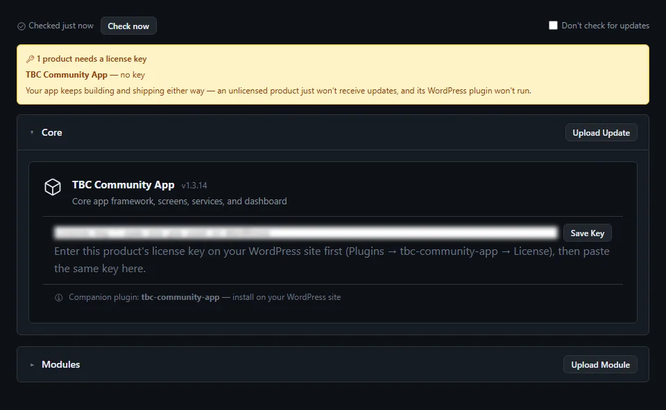 The Updates tab, showing the installed core version against the latest
