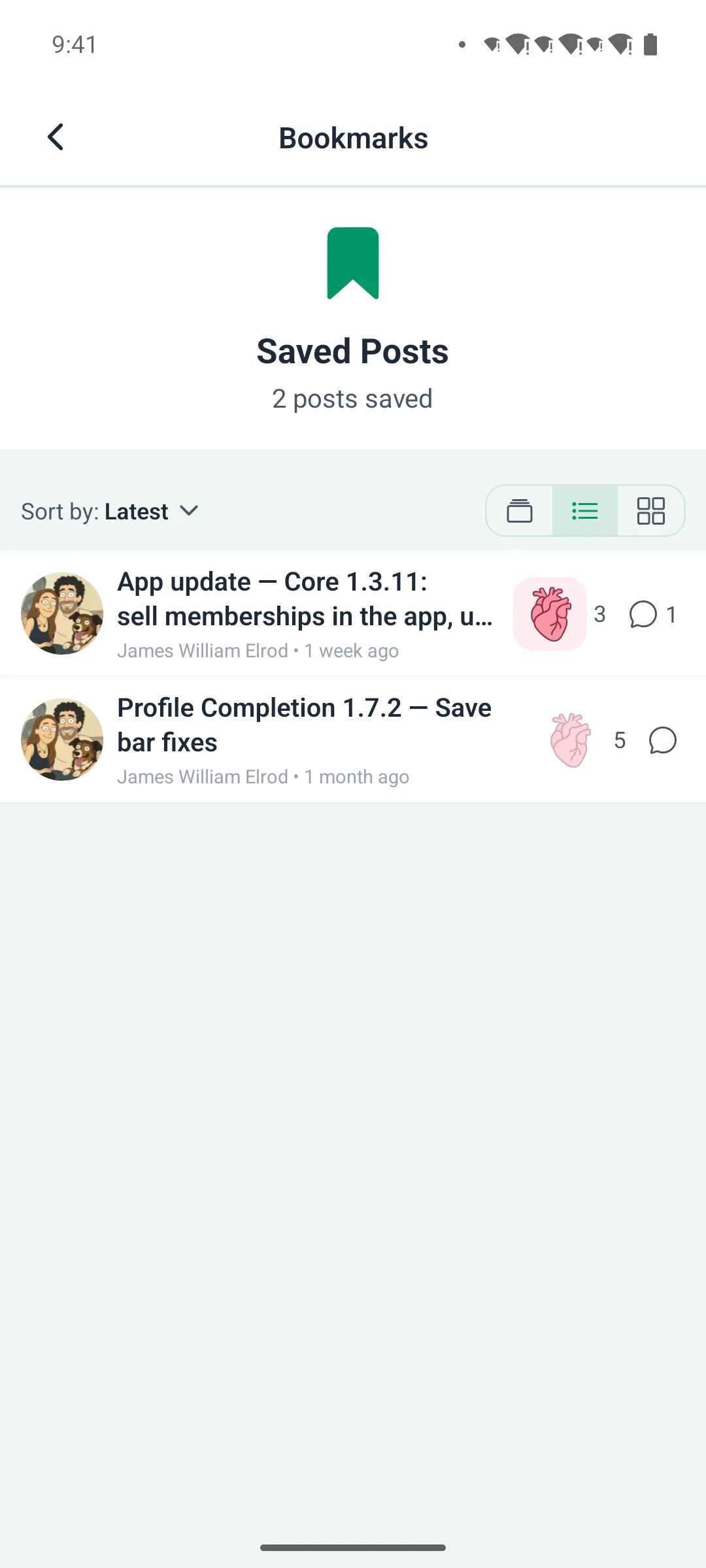 Saved posts in list view on a phone