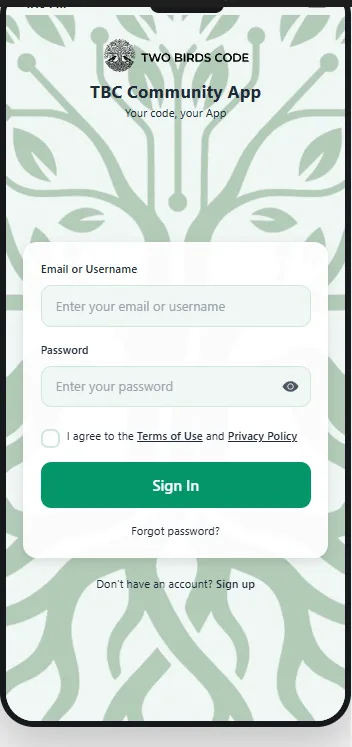 The app sign-in screen, on a phone