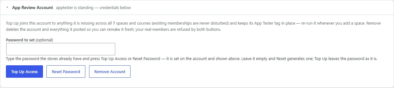 The App Review Account card on the Tools tab, with its credentials hidden