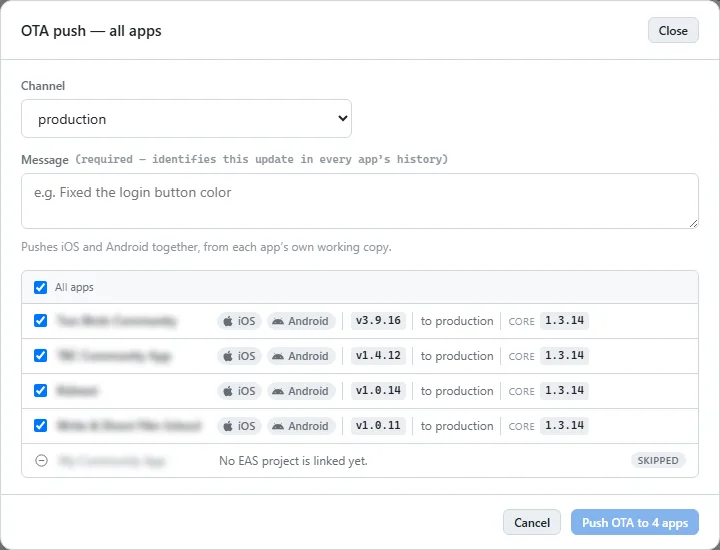 The fleet OTA push dialog, with a channel, a message and the app checklist