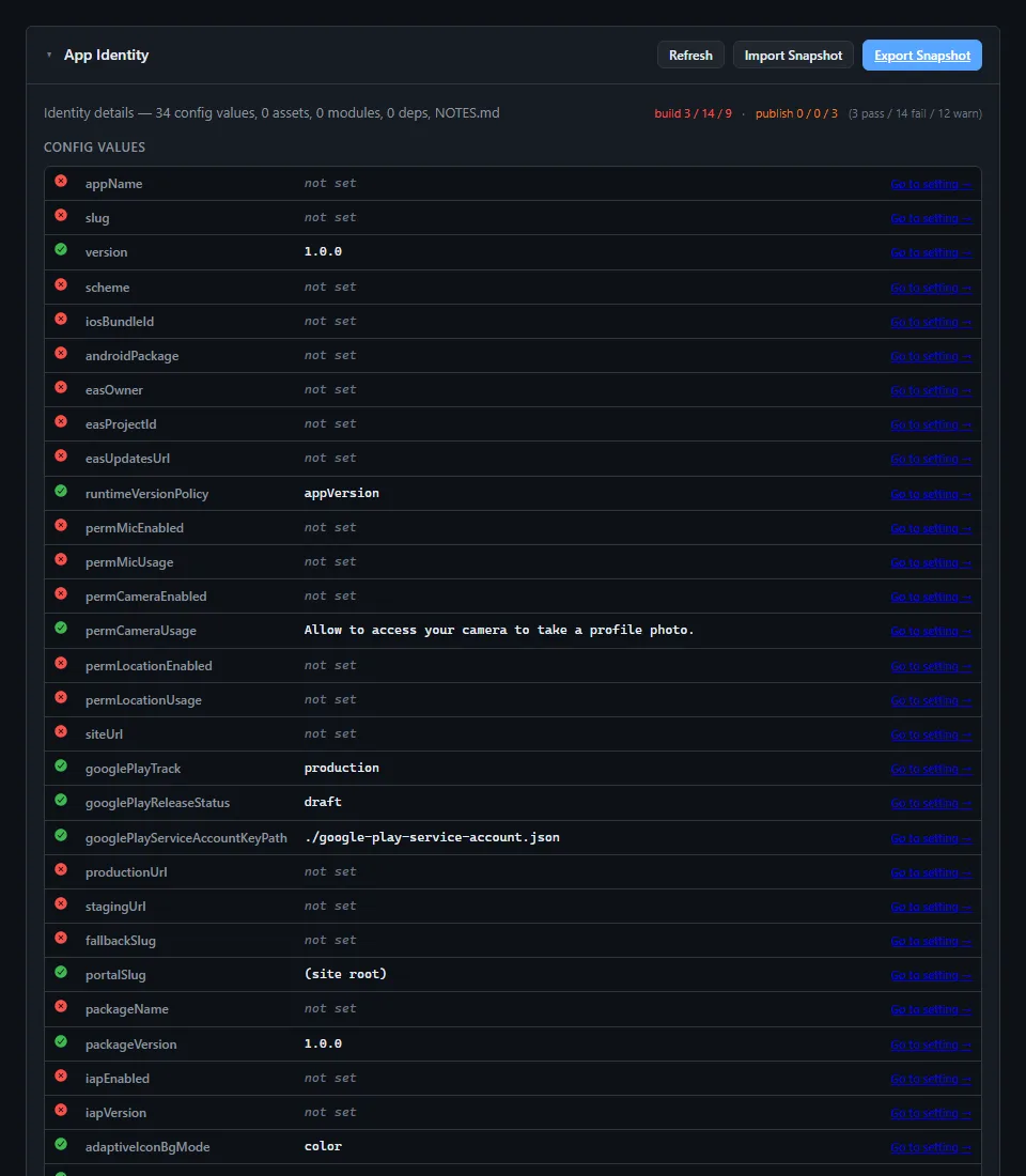 The Snapshot tab, with the project summary ready to export