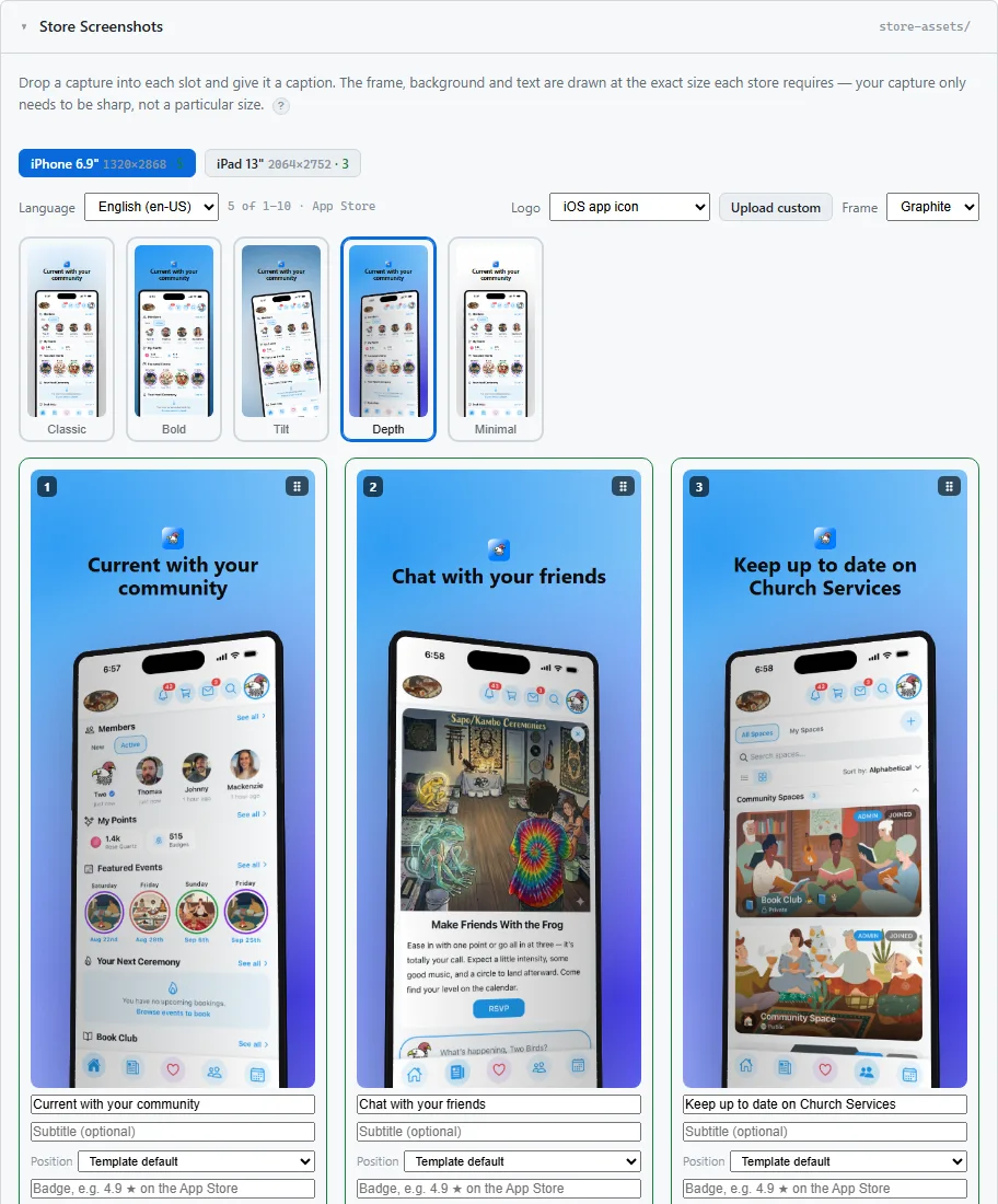 The Store Screenshots card, listing the sizes each store requires