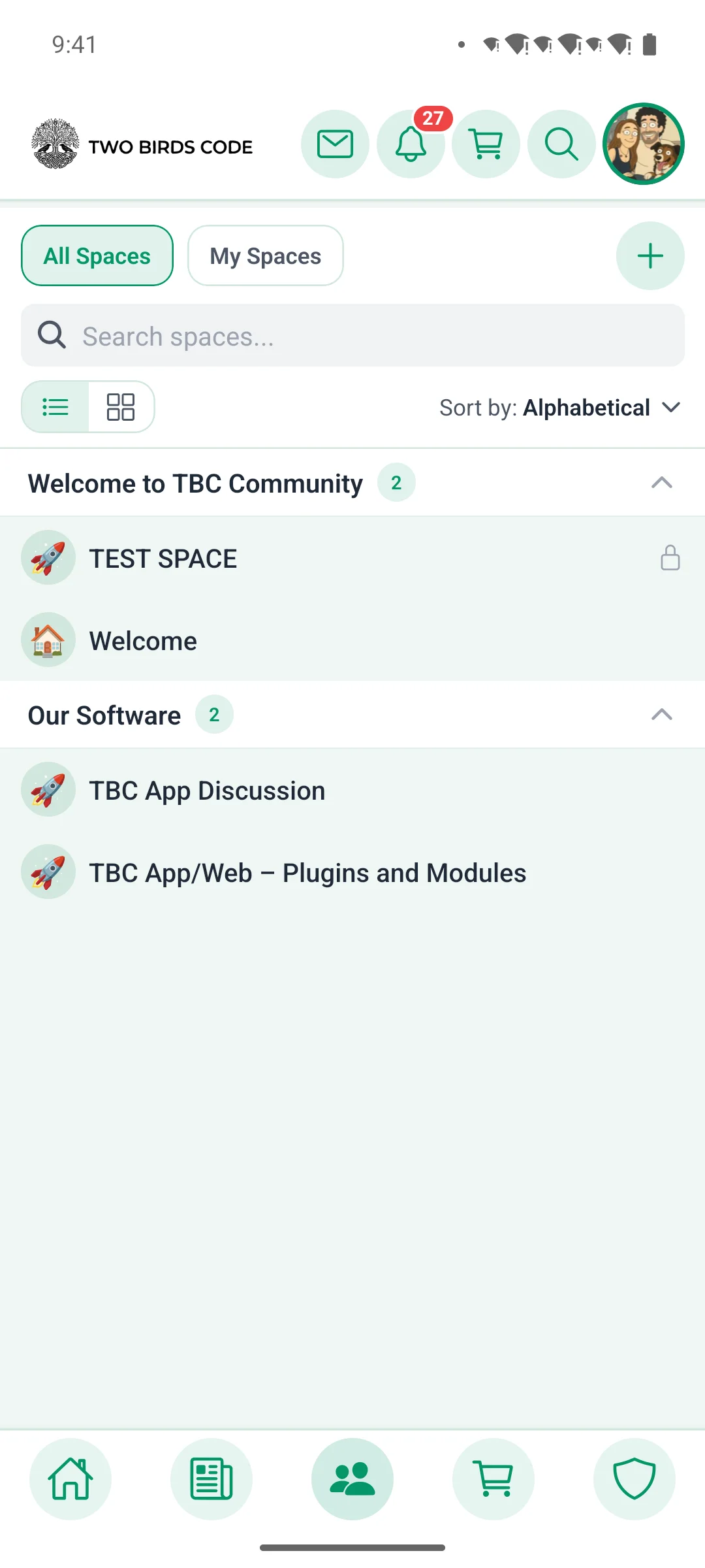 The spaces browser in list view on a phone