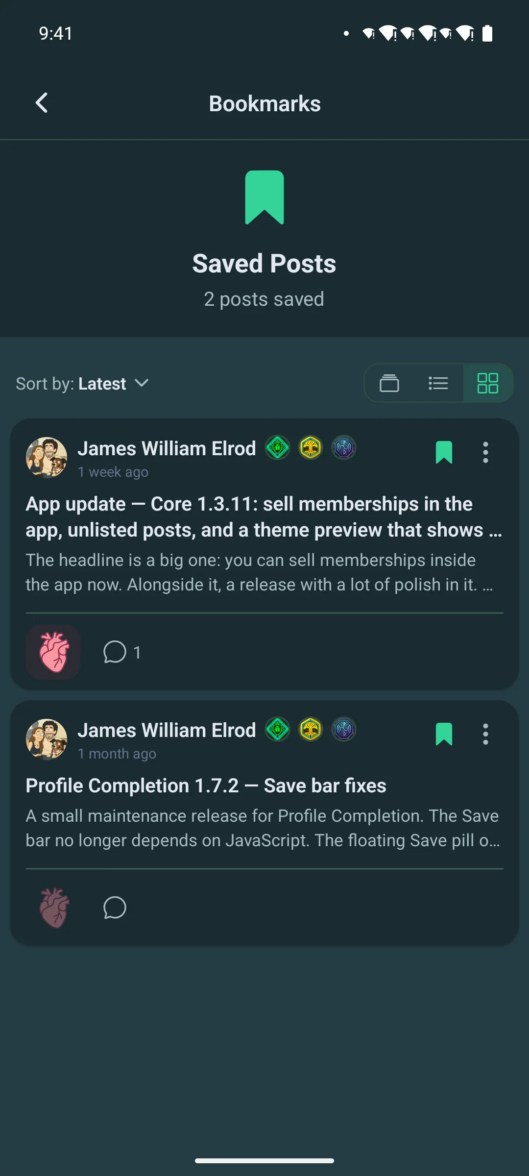 The saved-posts list on a phone