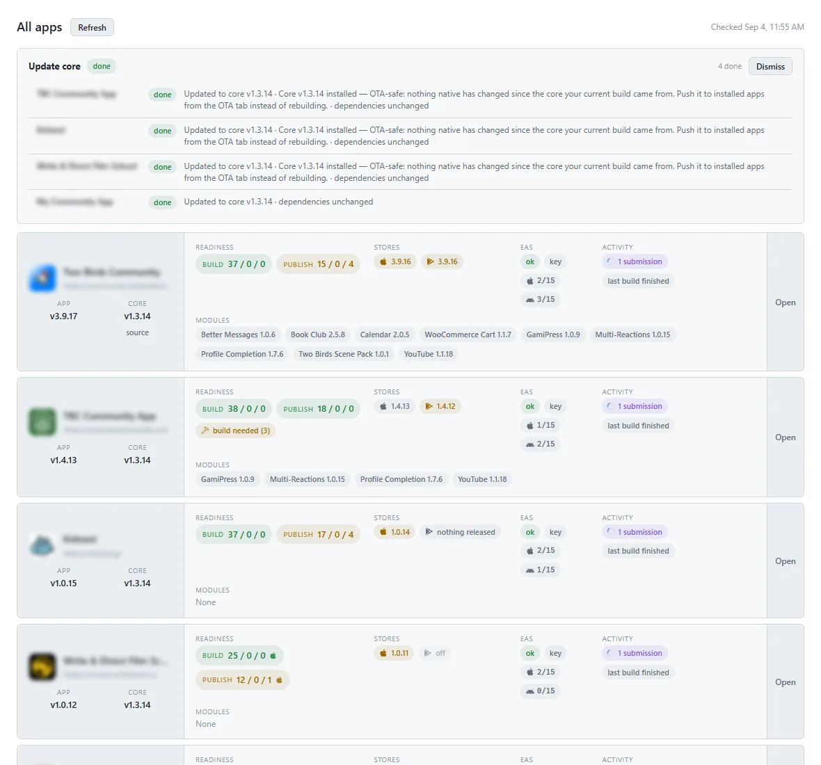 The All apps grid, one row per project, with versions, readiness and store state