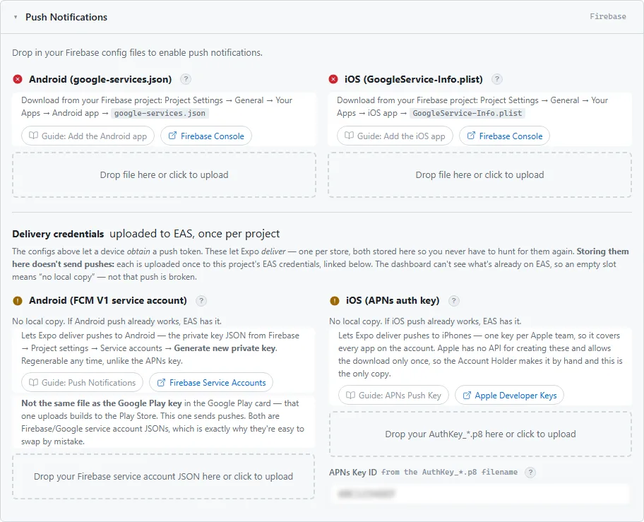 The Push Notifications card, with the Firebase config files and delivery credentials