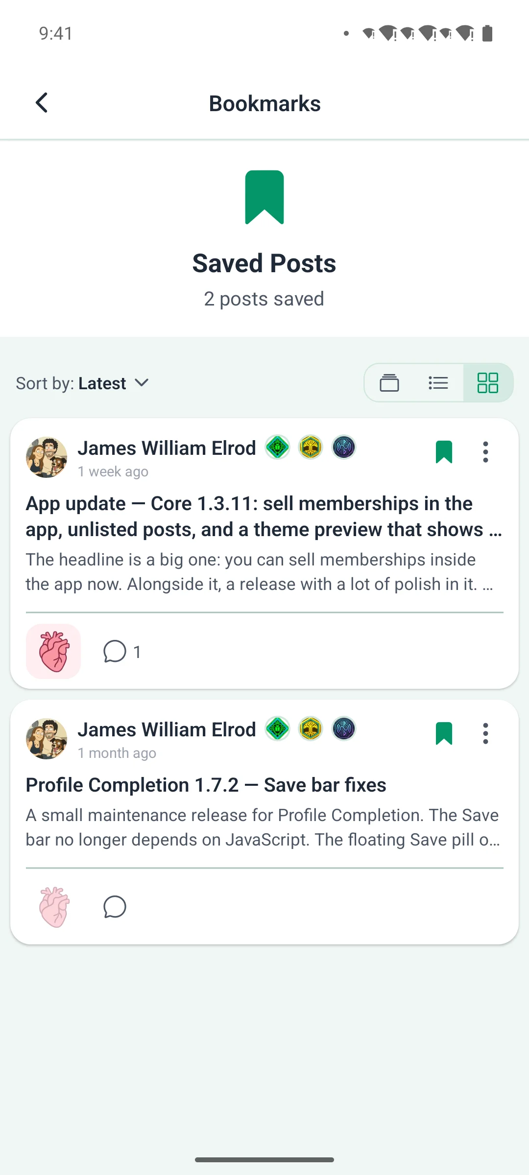 The saved-posts list on a phone