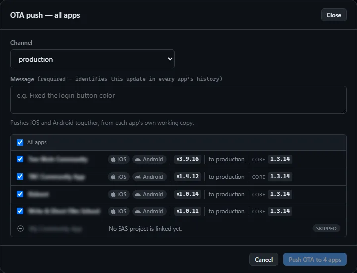 The fleet OTA push dialog, with a channel, a message and the app checklist