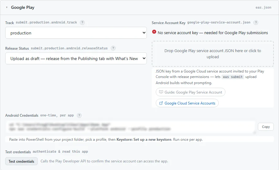 The Google Play card, with the track, release status and service-account JSON