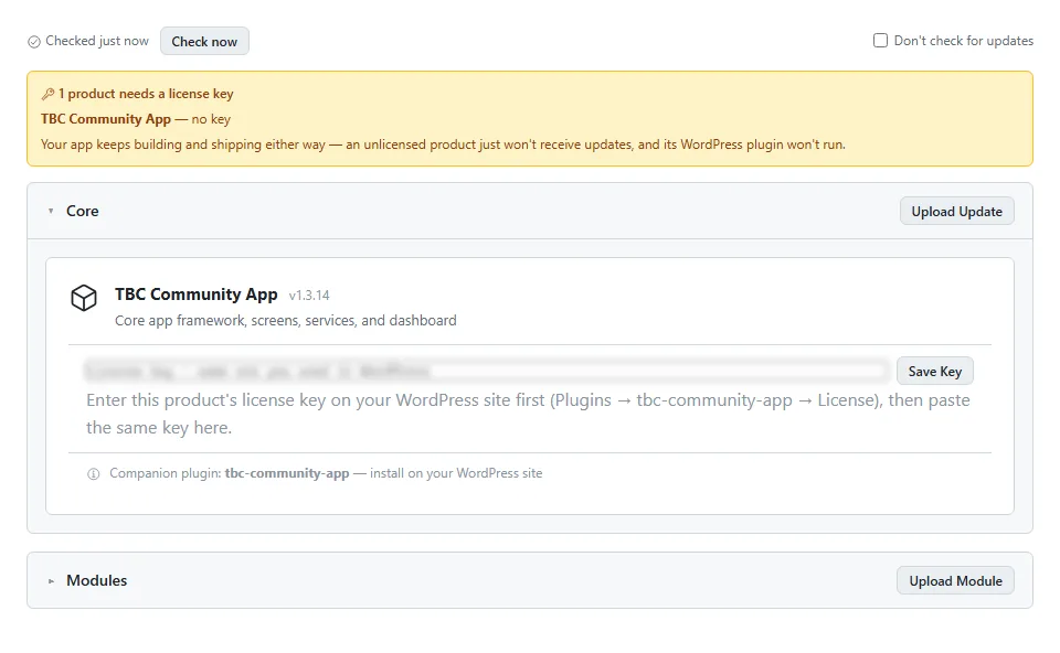 The Updates tab, showing the installed core version against the latest