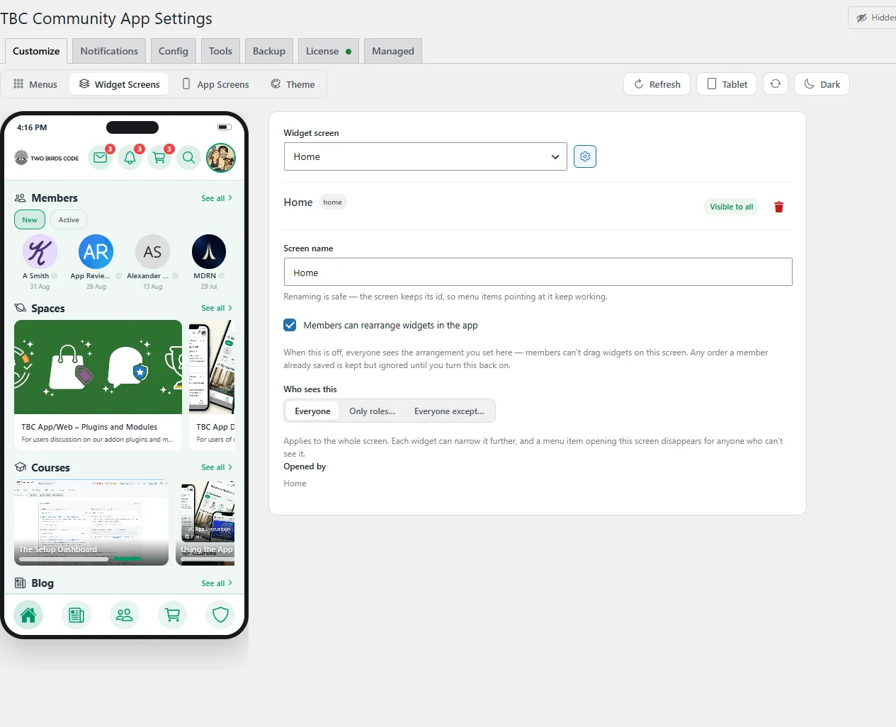 The Widget Screens sub-tab: a screen's widget list, its name and visibility rule, beside the live phone preview