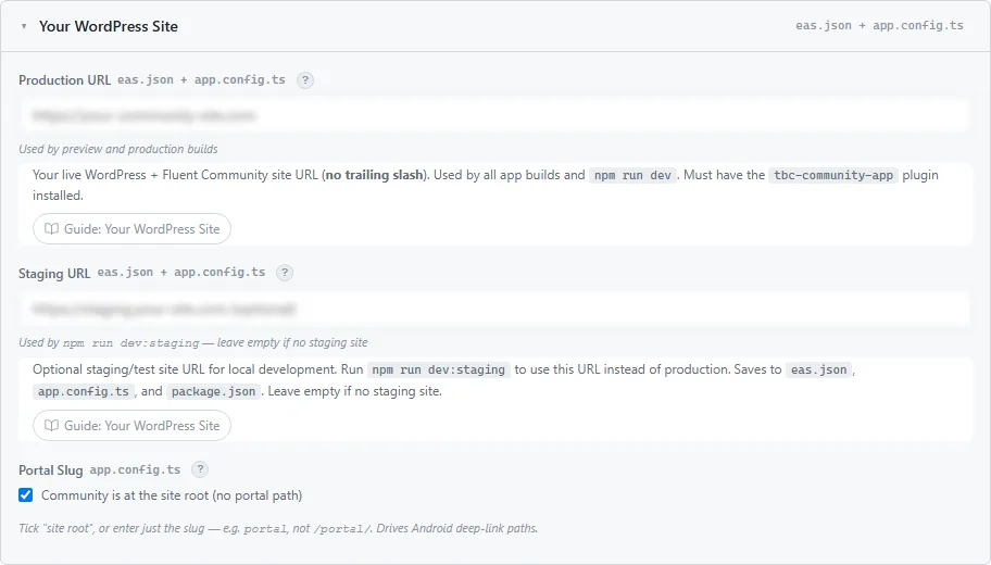 The Your WordPress Site card, with the production and staging URLs and the portal slug