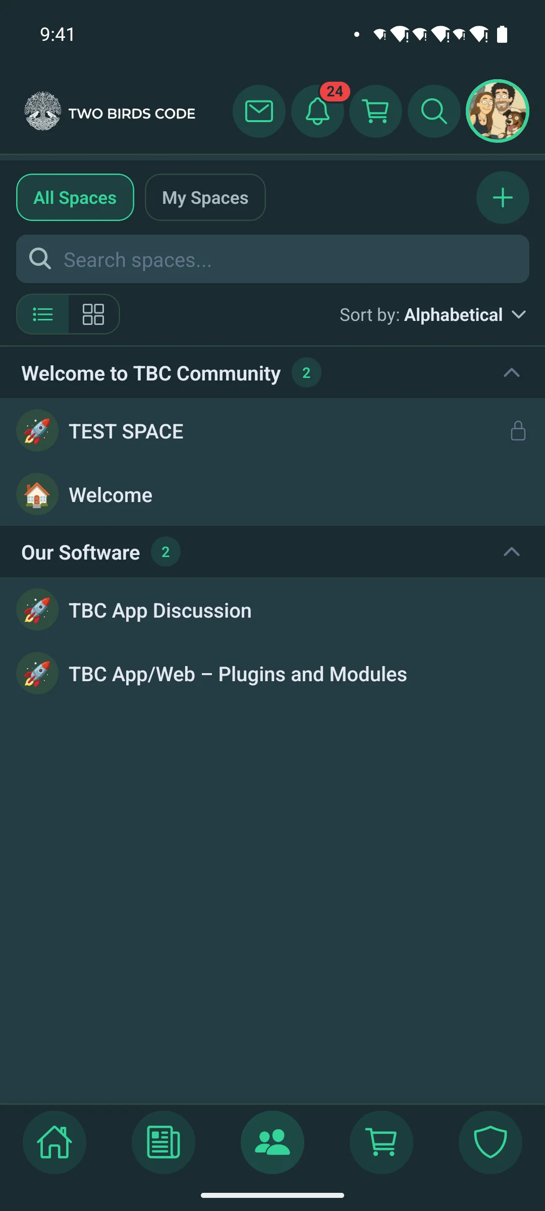 The spaces browser in list view on a phone
