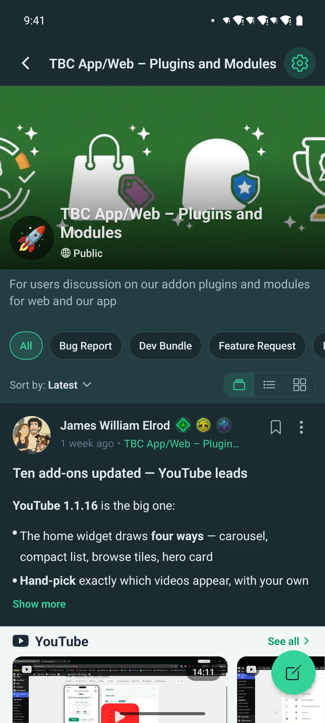 One space&rsquo;s own feed on a phone, with its cover and topics