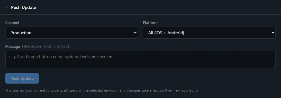 The Push Update card on the OTA Updates tab