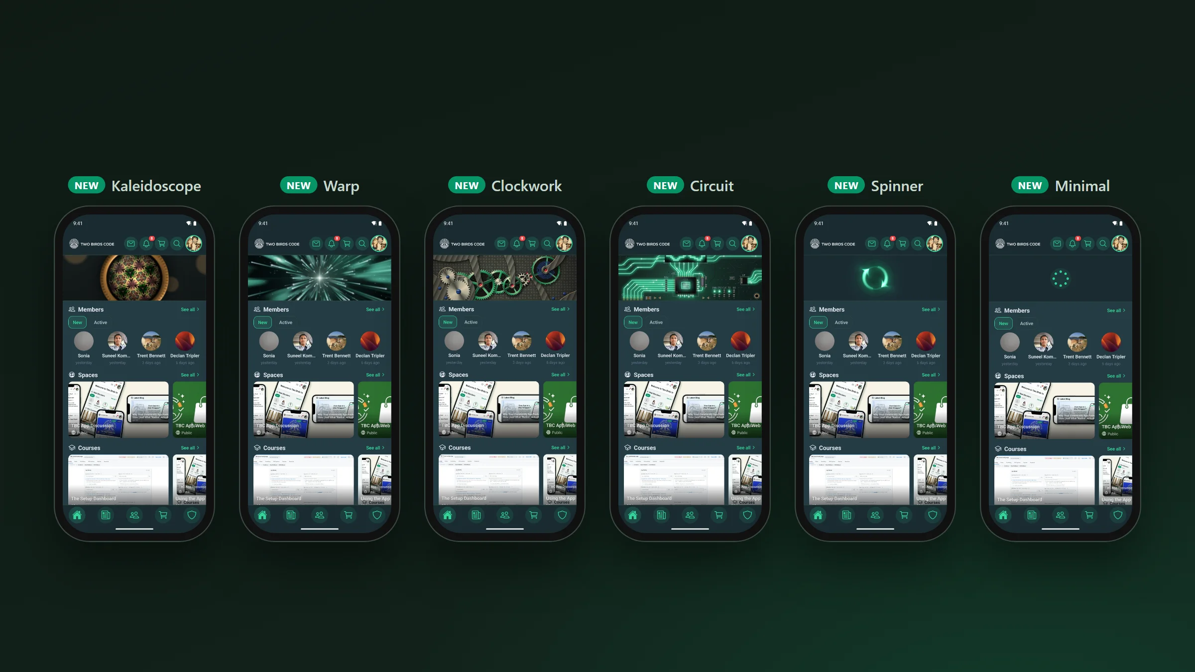 Six phones, each pulled down on the home screen, showing the Kaleidoscope, Warp, Clockwork, Circuit, Spinner and Minimal animations