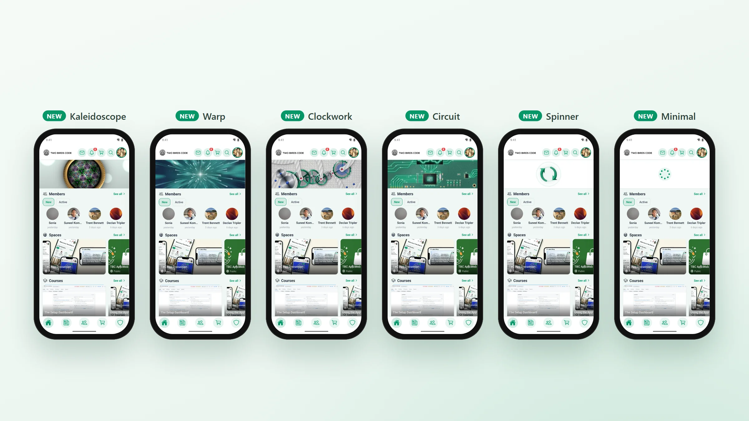 Six phones, each pulled down on the home screen, showing the Kaleidoscope, Warp, Clockwork, Circuit, Spinner and Minimal animations