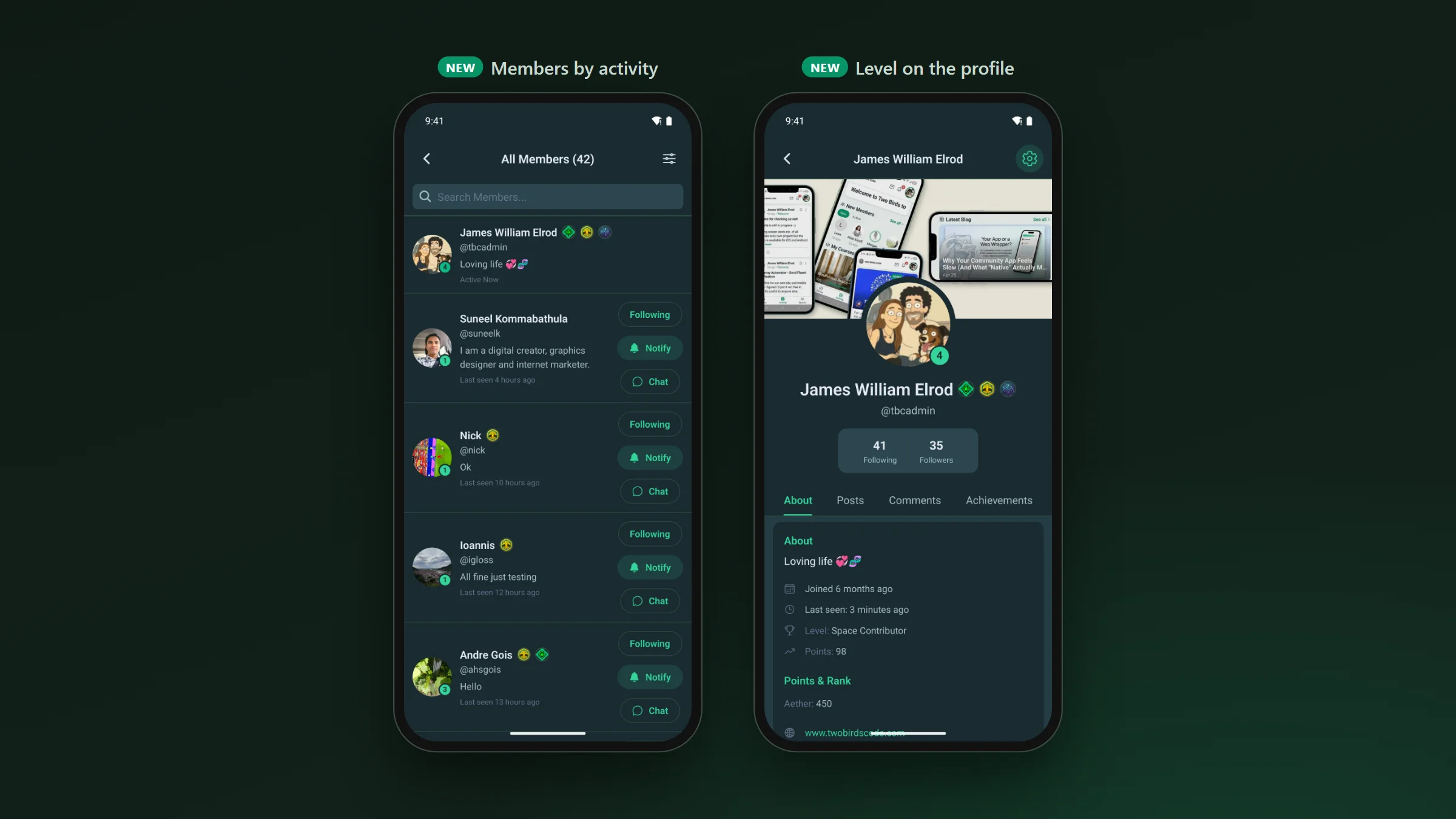 The member list sorted by last activity, with a level number on each profile picture, beside a profile showing its level