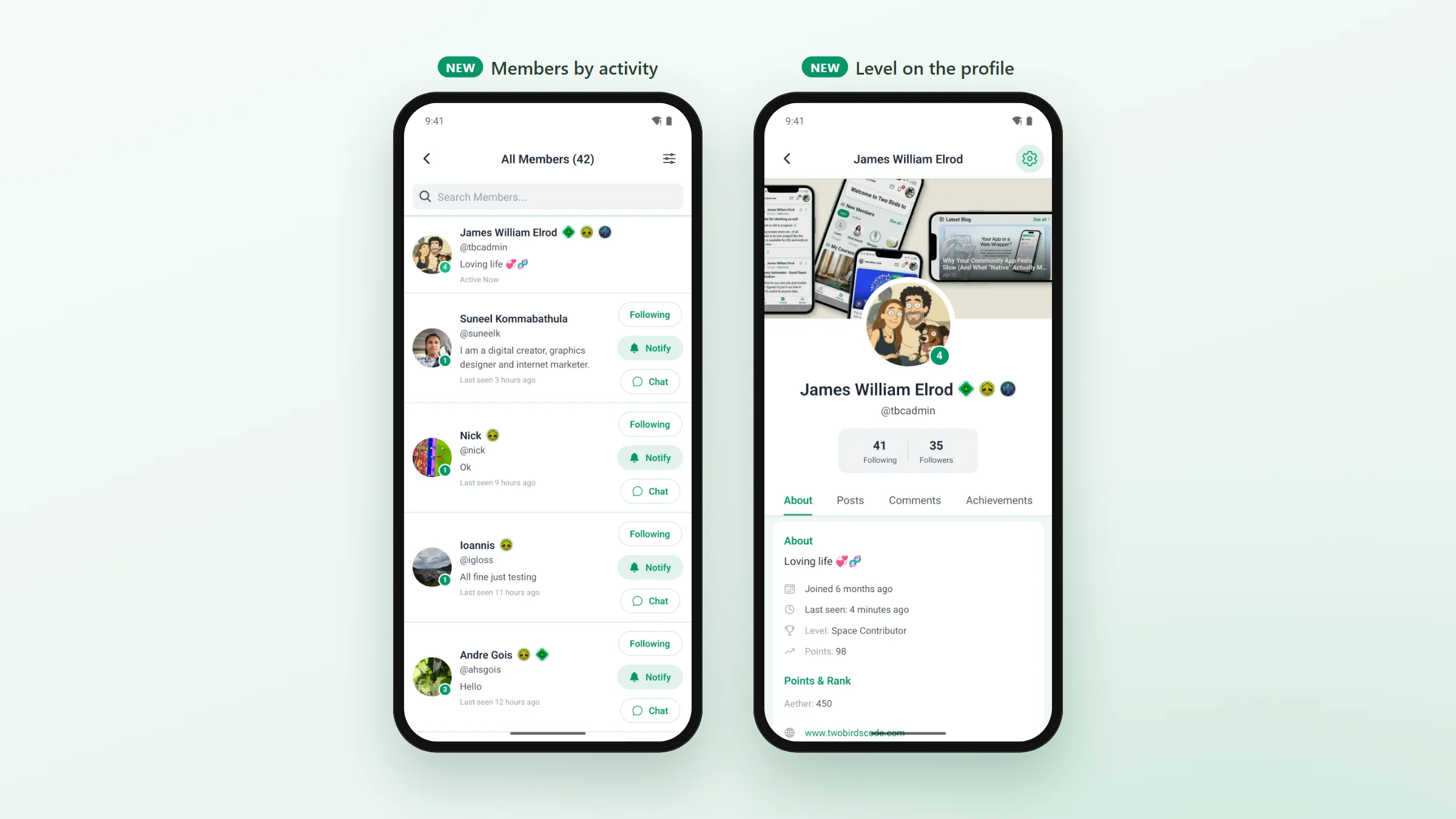 The member list sorted by last activity, with a level number on each profile picture, beside a profile showing its level
