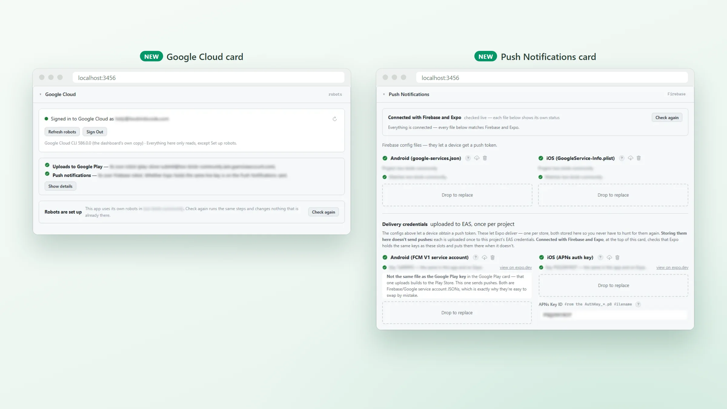 The setup dashboard’s Google Cloud card showing the app’s robots set up, beside the Push Notifications card with every file checked
