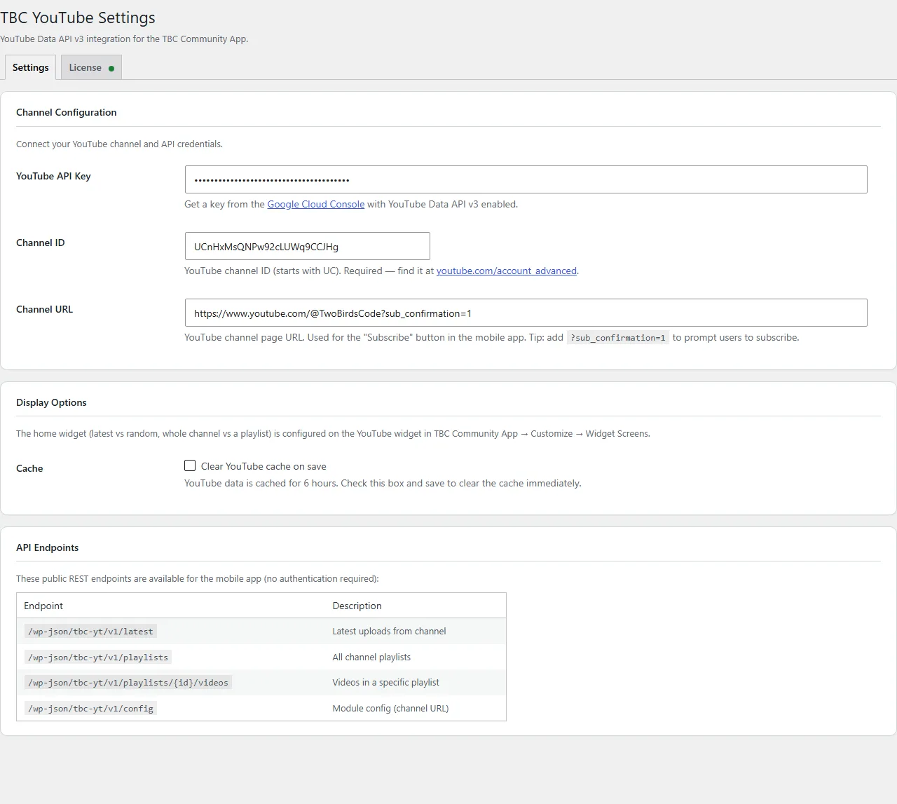 the YouTube settings page in WordPress