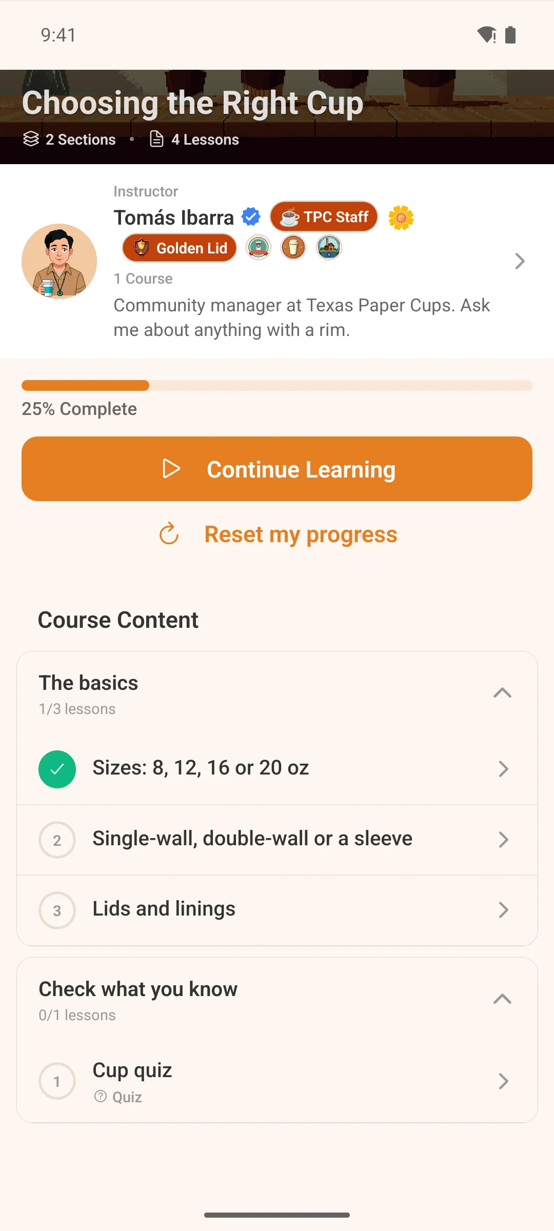 Further down a course page, showing its lesson sections