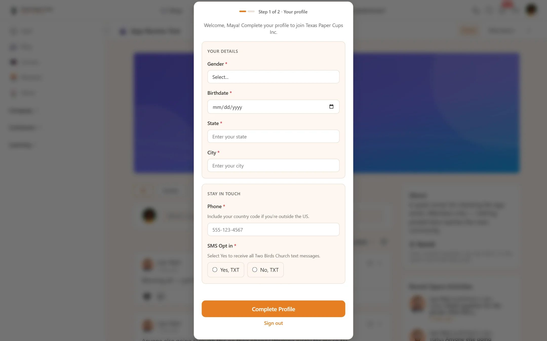 The Profile Completion overlay on the community website, over a blurred community page