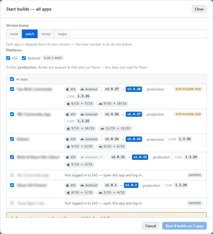 The fleet Build dialog, with platforms, a profile and the list of selected apps