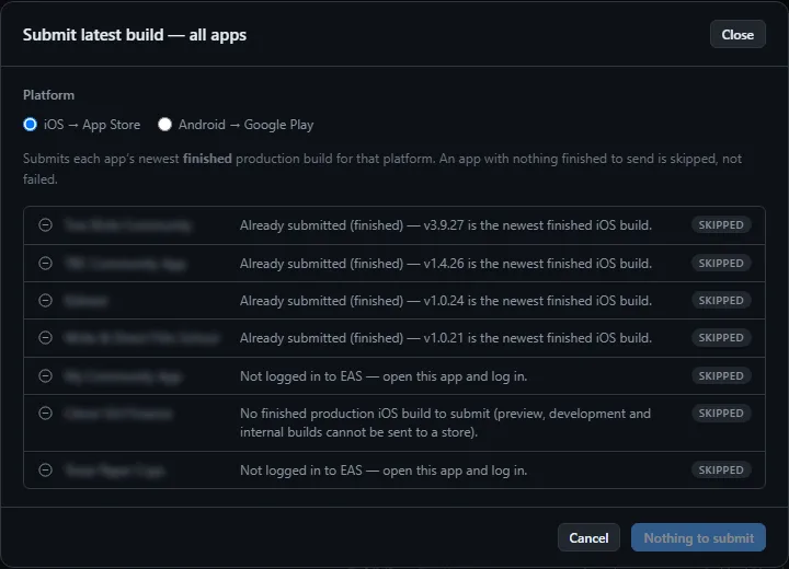 The fleet Submit dialog, listing each app's newest production build