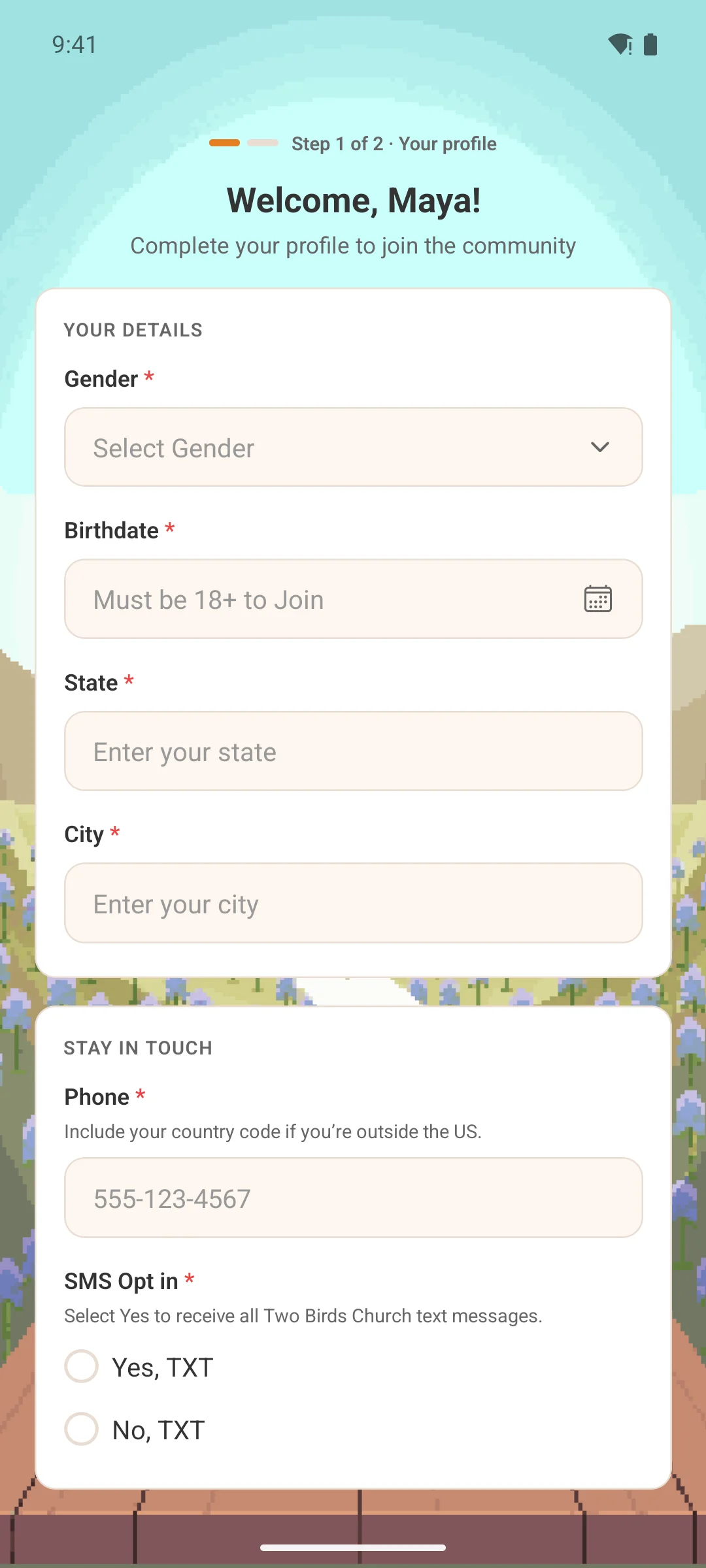 The Profile Completion gate in the app, asking for the community's required fields in two cards