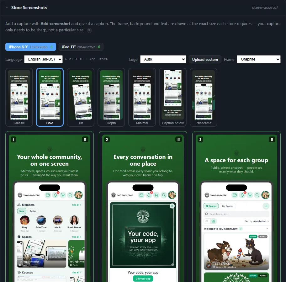 The Store Screenshots card, listing the sizes each store requires