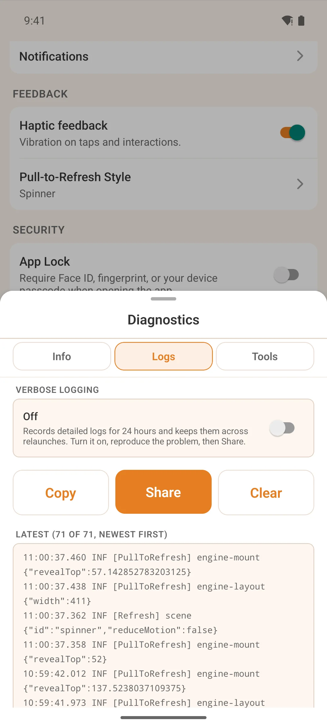 The diagnostics screen on a phone