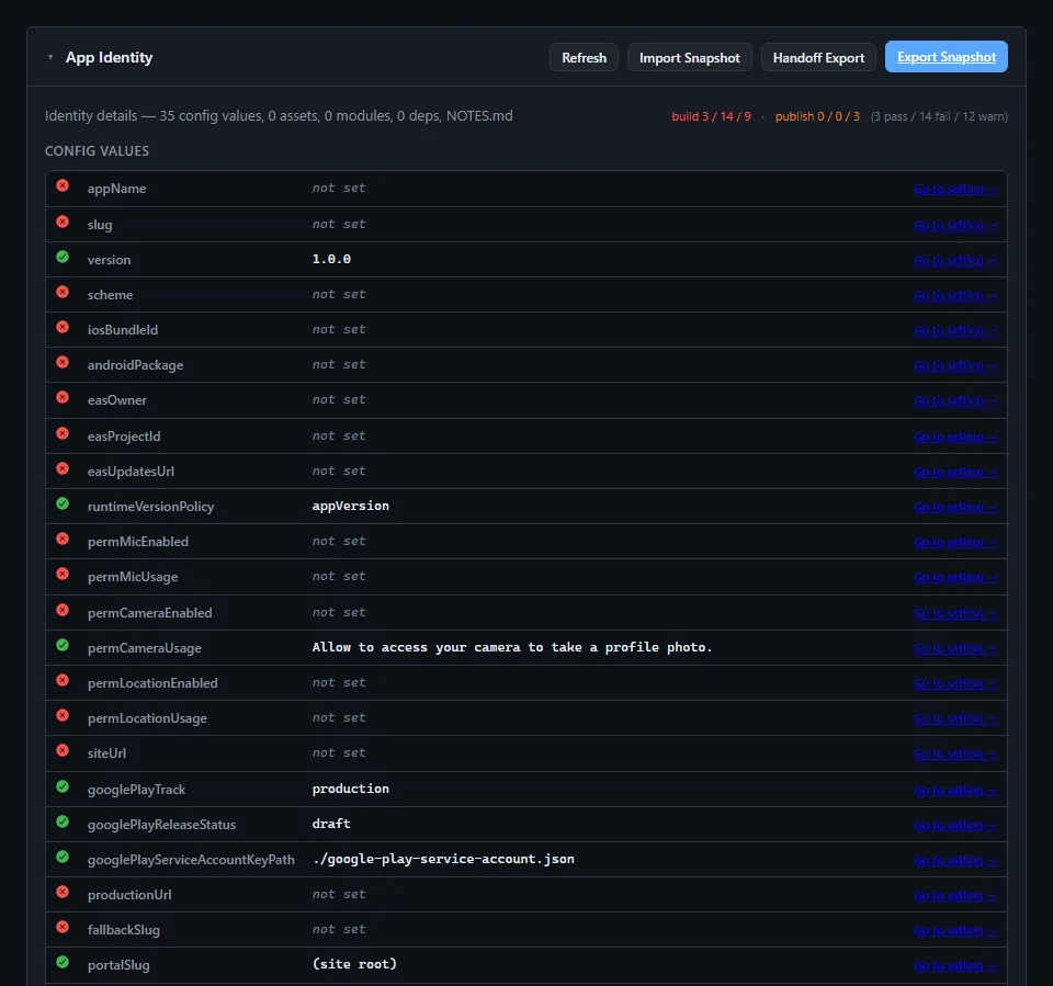 The Snapshot tab, with the project summary ready to export