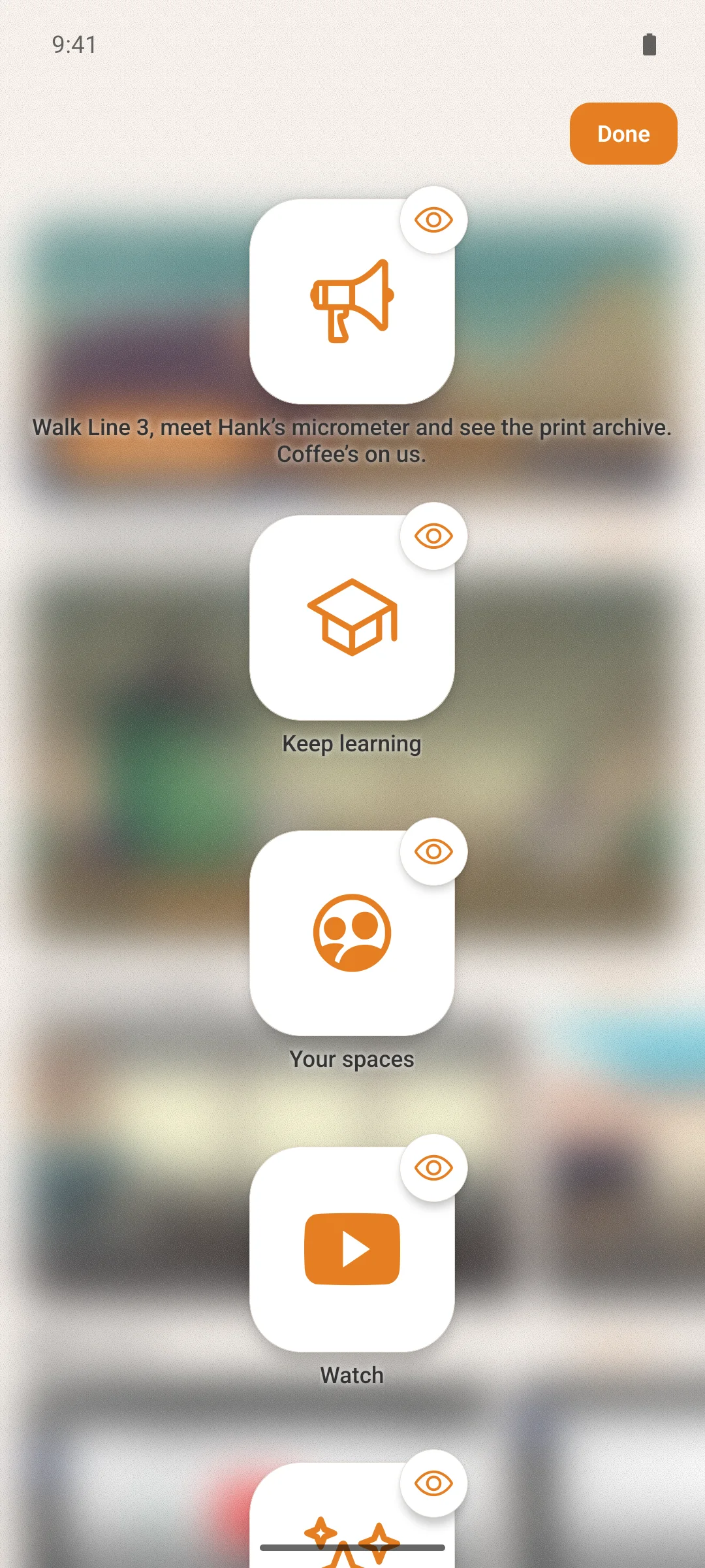 The home screen's widgets as app icons over the blurred page, ready to drag or hide