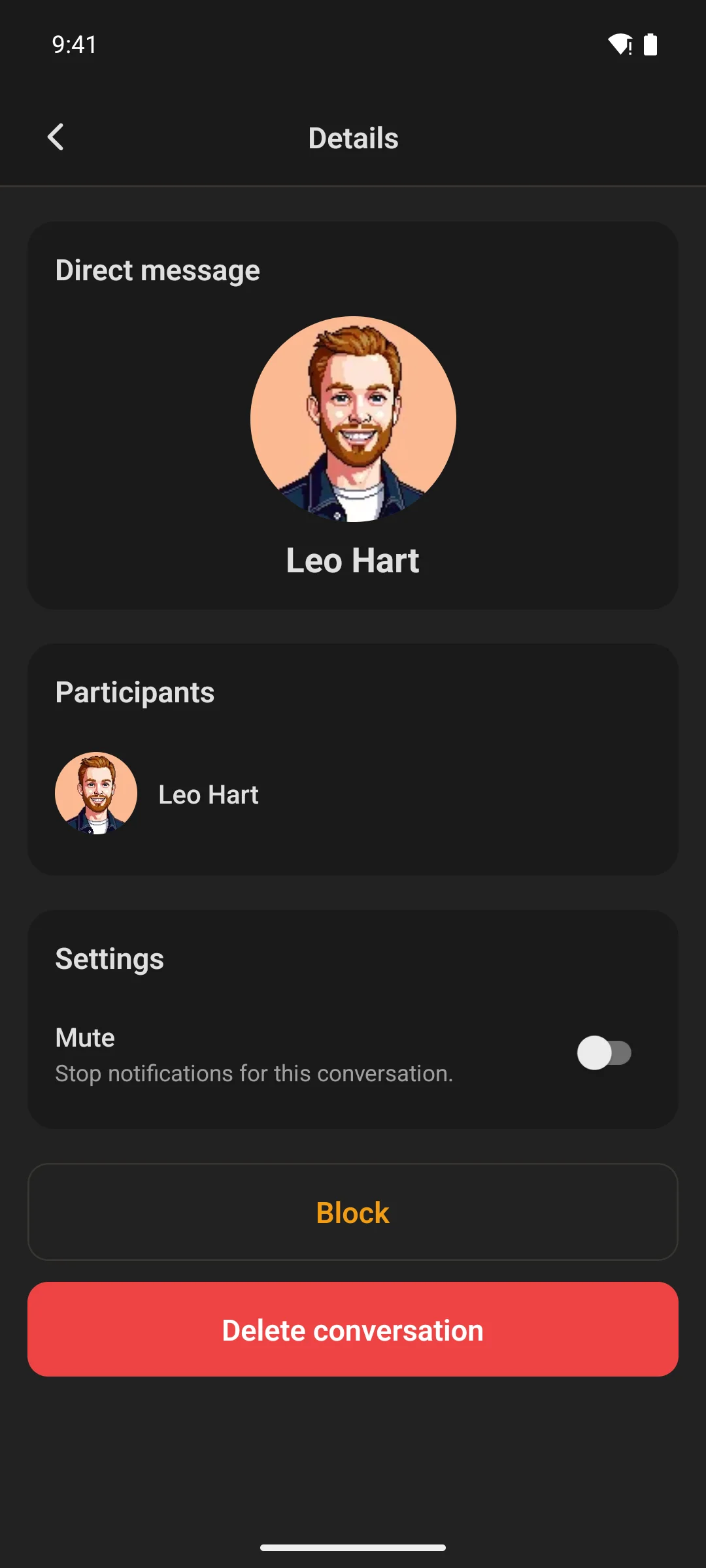 A conversation's details in the app: participants, mute, block and delete