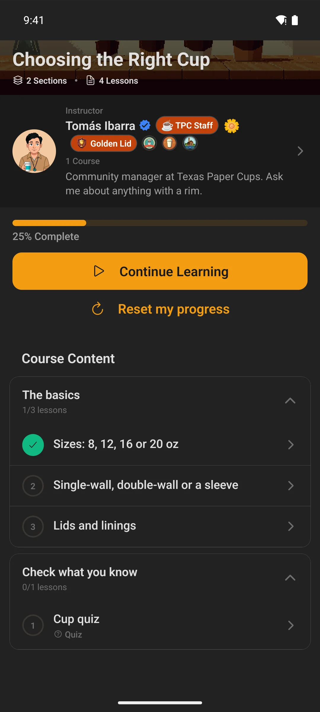 Further down a course page, showing its lesson sections