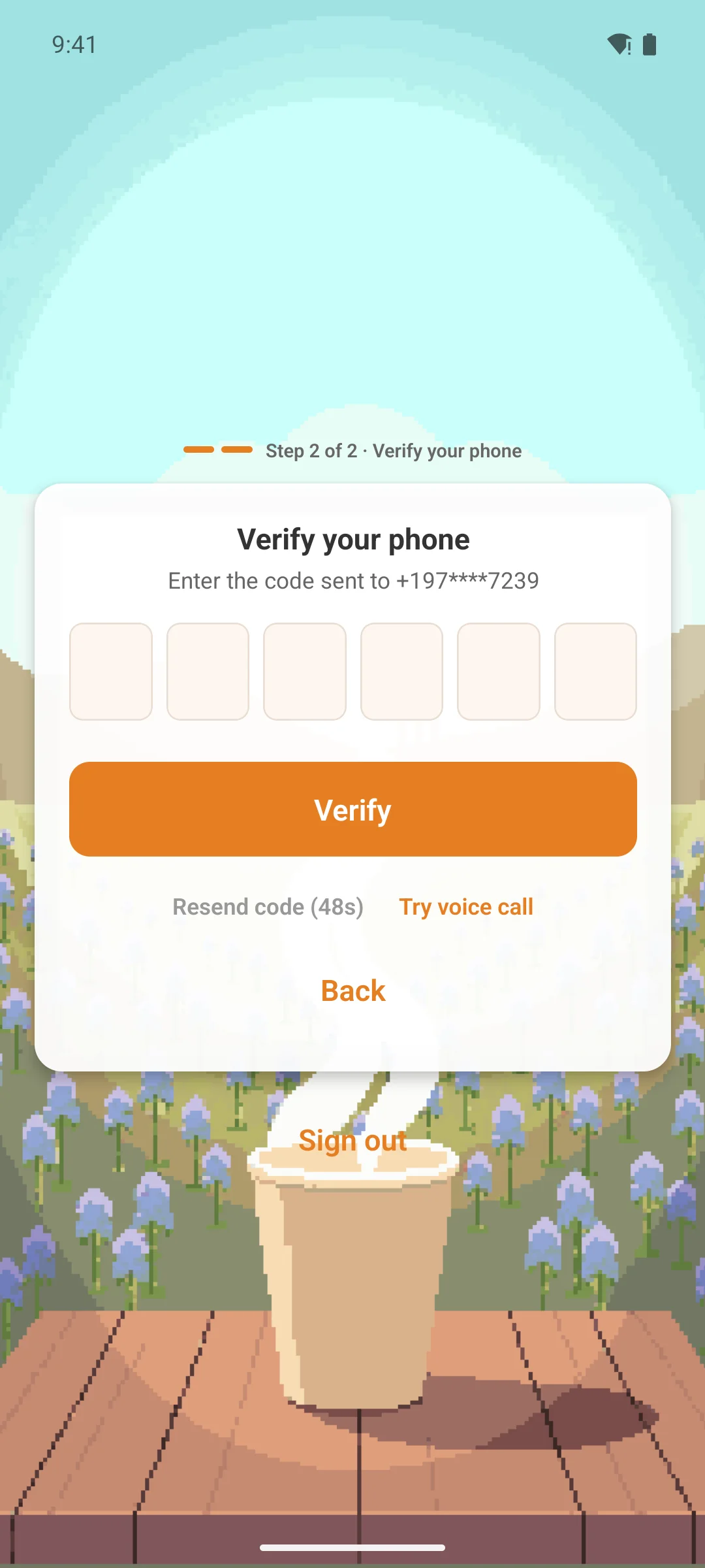 The phone verification step in the app, with six boxes for the code