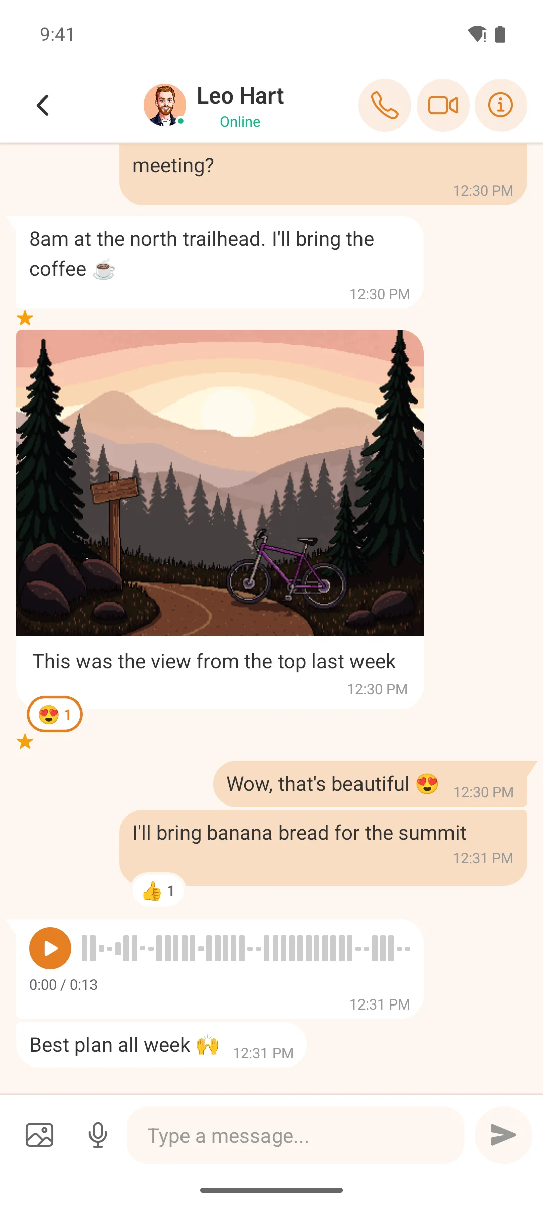 A Better Messages conversation in the Modern look, with a photo, reactions and a voice message