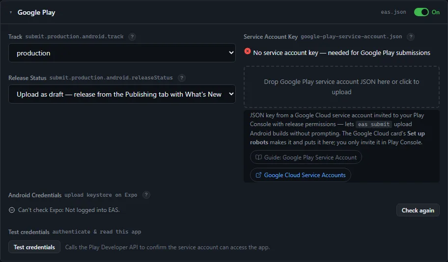 The Google Play card, with the track, release status and service-account JSON