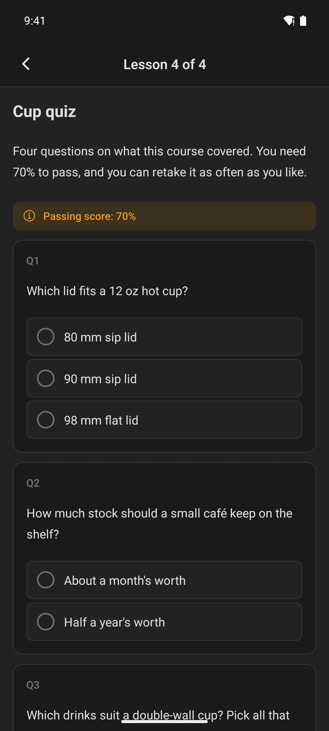 A quiz question inside a lesson