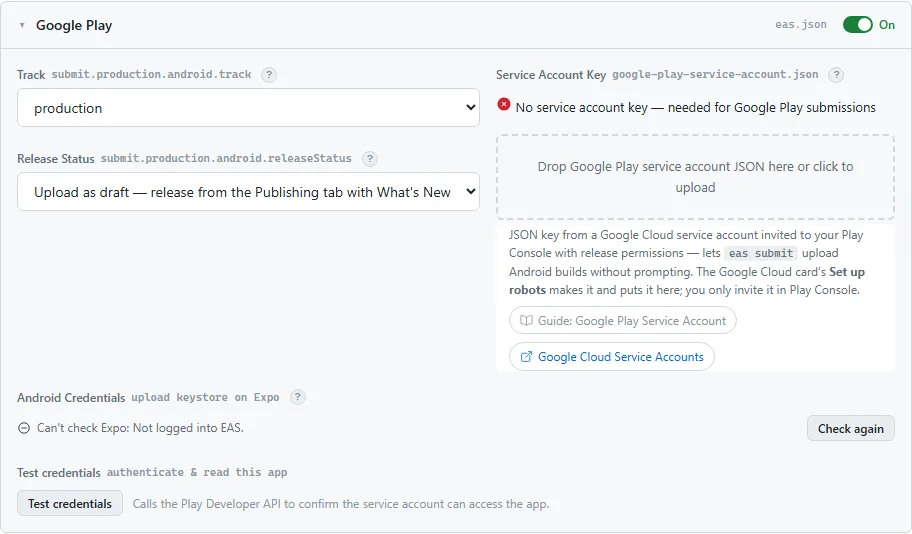 The Google Play card, with the track, release status and service-account JSON