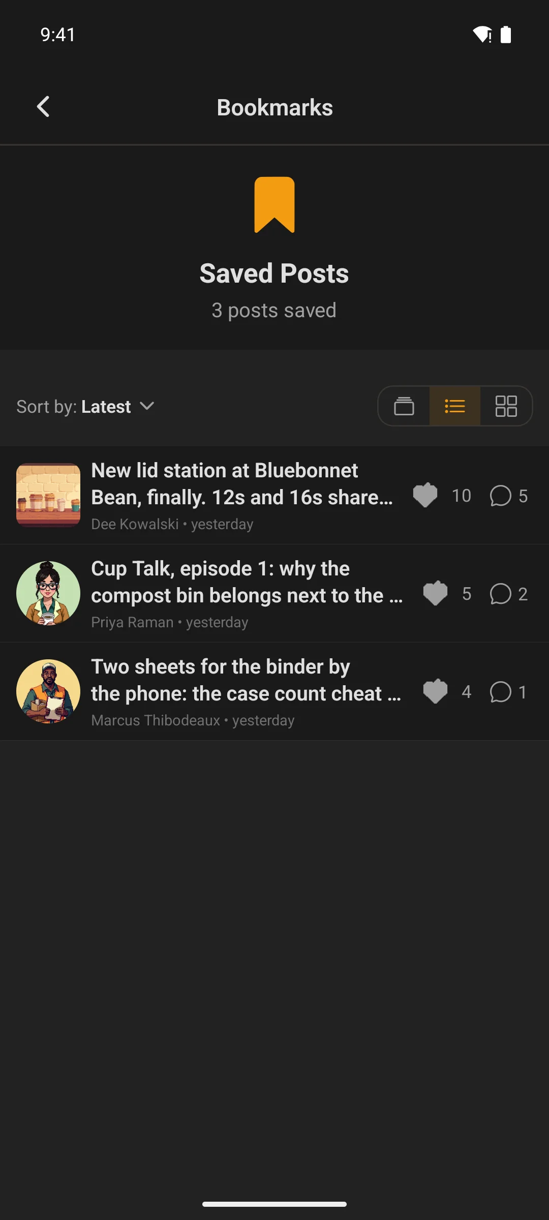 Saved posts in list view on a phone