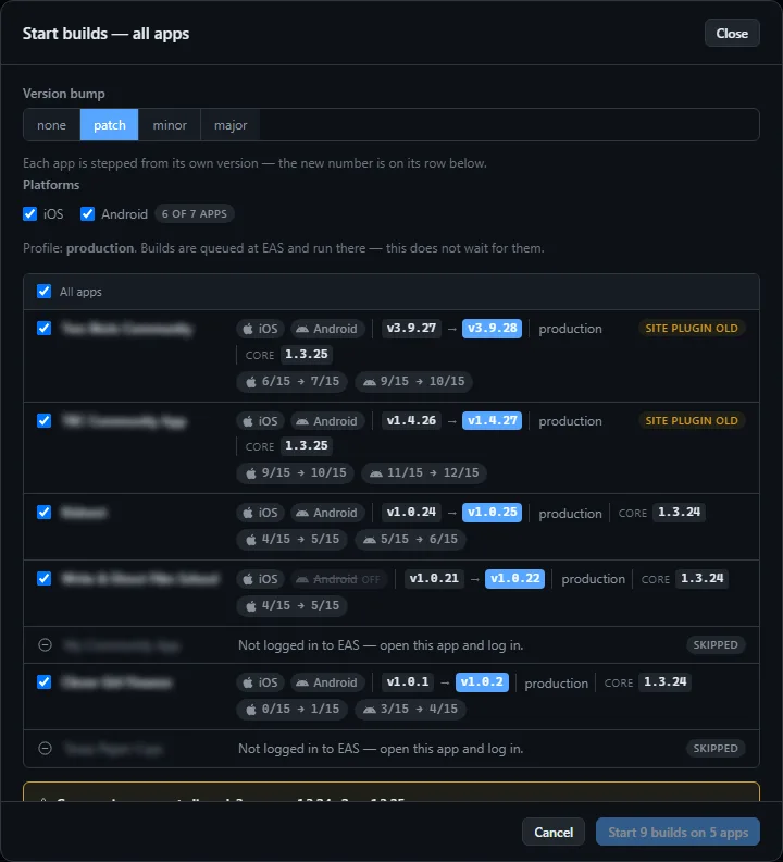 The fleet Build dialog, with platforms, a profile and the list of selected apps