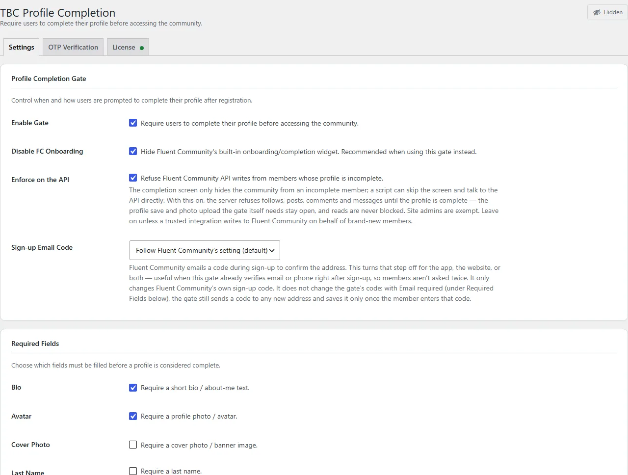 The Profile Completion settings screen in WordPress