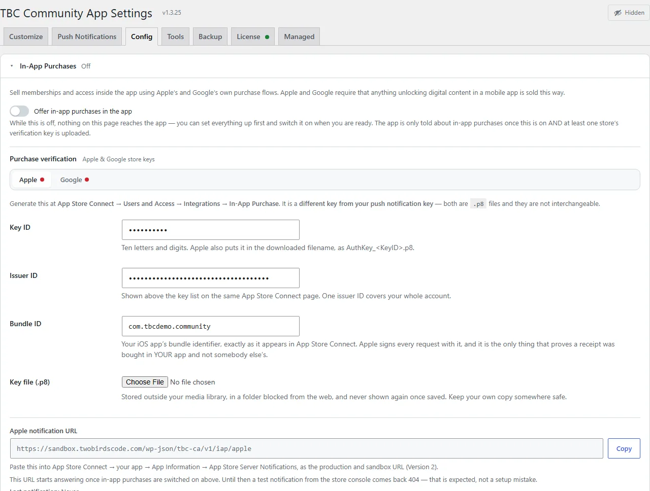 The Config tab: In-App Purchases, Deep Linking and Staging Site