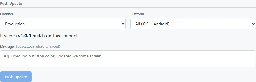 The Push Update card on the OTA Updates tab
