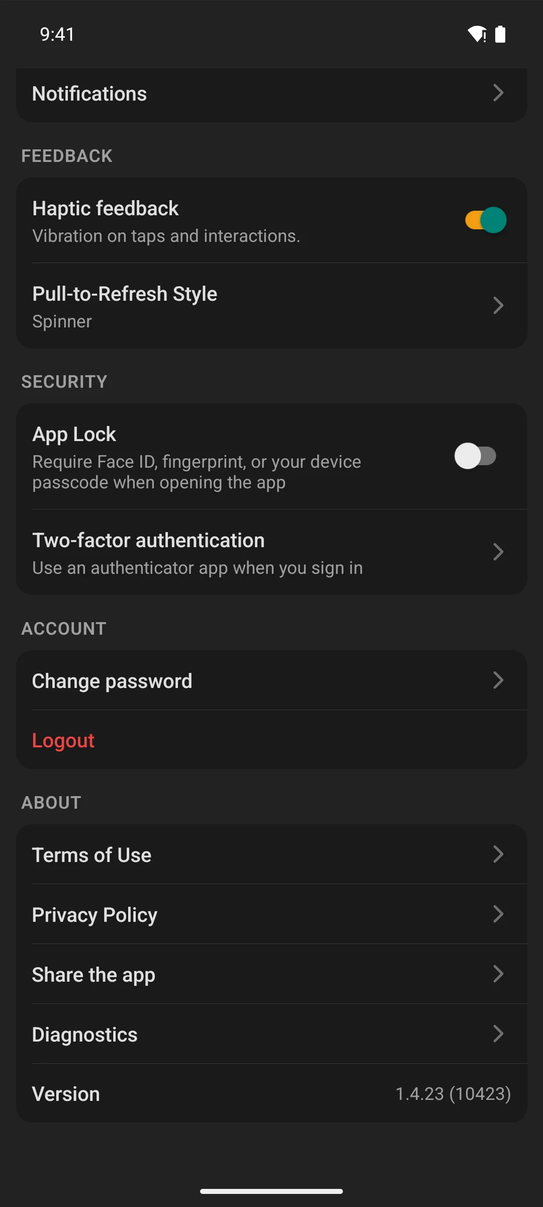 Further down the settings screen