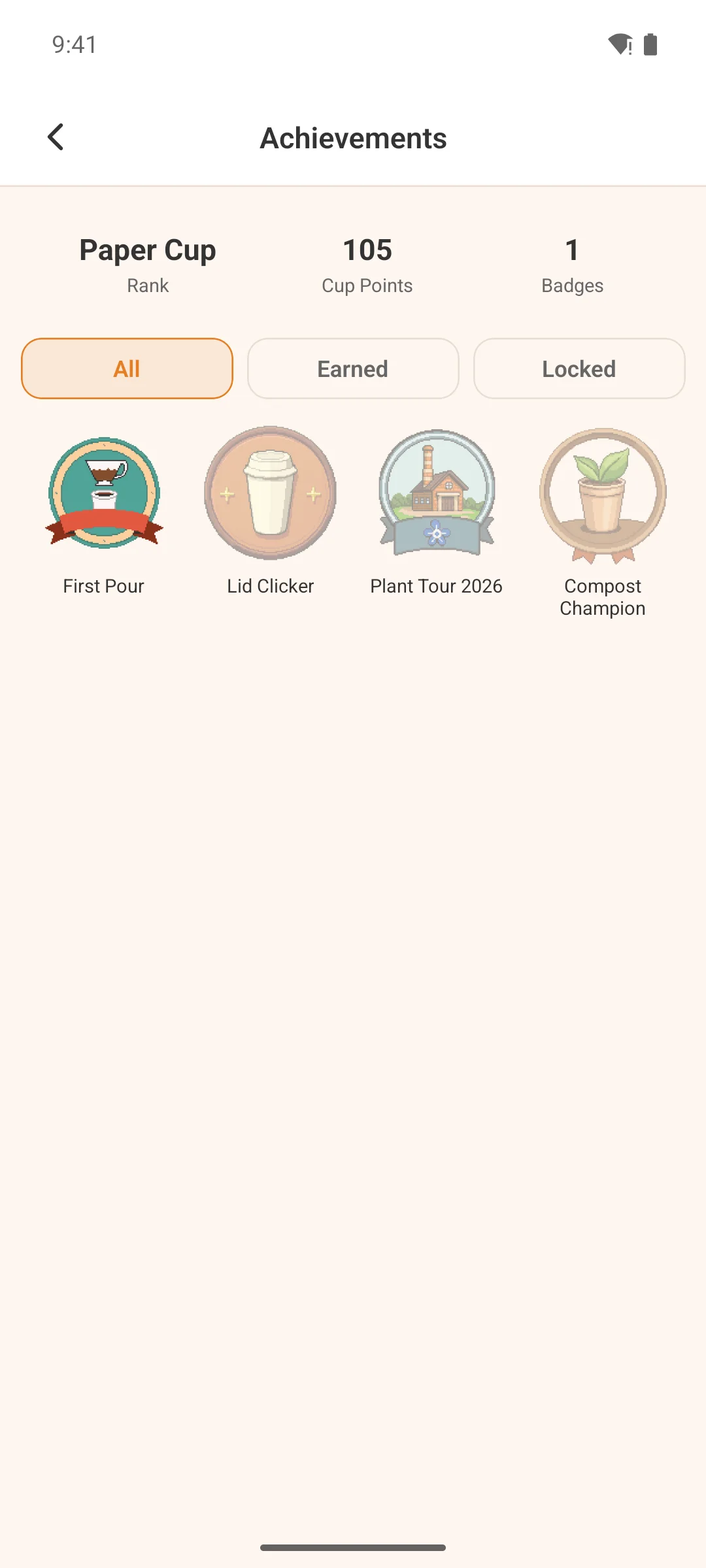 The achievements screen, showing earned badges